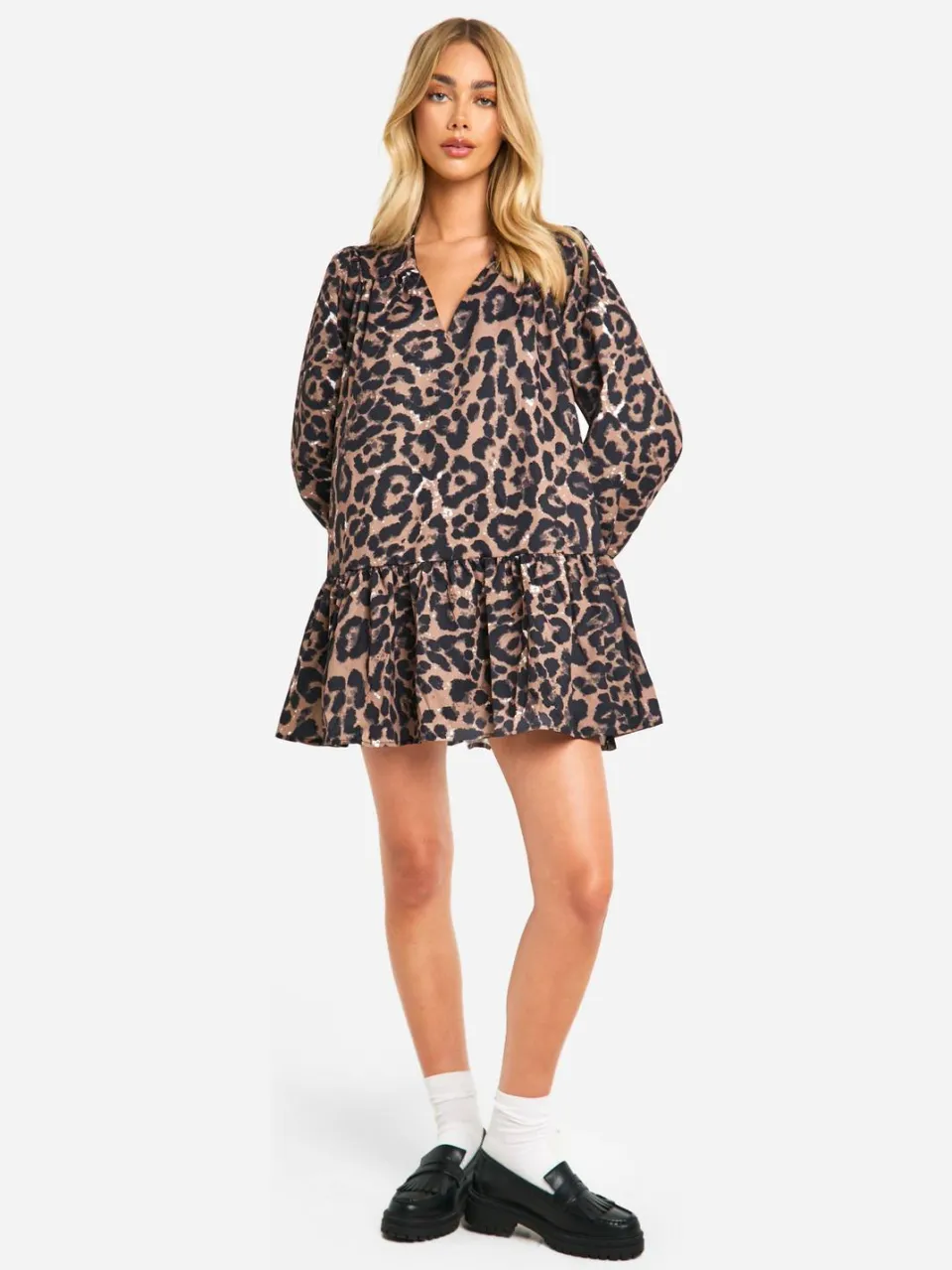 boohoo Dames Leopard Drop Hem Smock Jurk bruin, foto 3