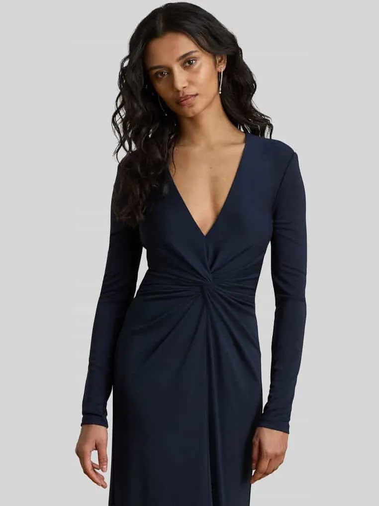 Lauren Ralph Lauren Avondjurk met diepe hals en knoopdetail donkerblauw, foto 4