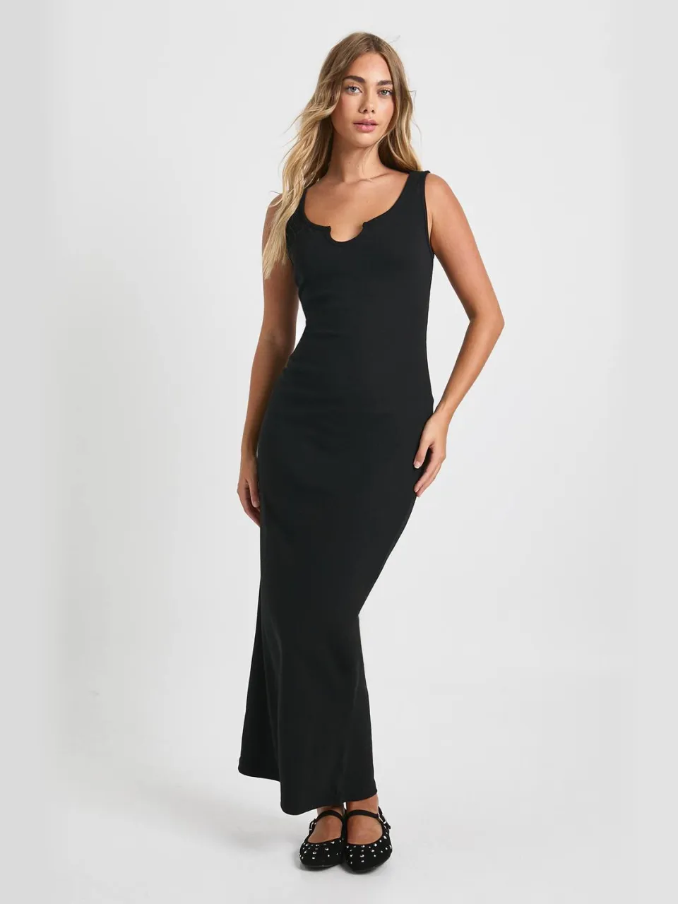 boohoo Dames Basic Rib Notch Maxi Jurk zwart, foto 3