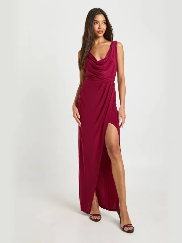 boohoo Dames Slinky Gerimpelde Wikkel Maxi Jurk Wijn