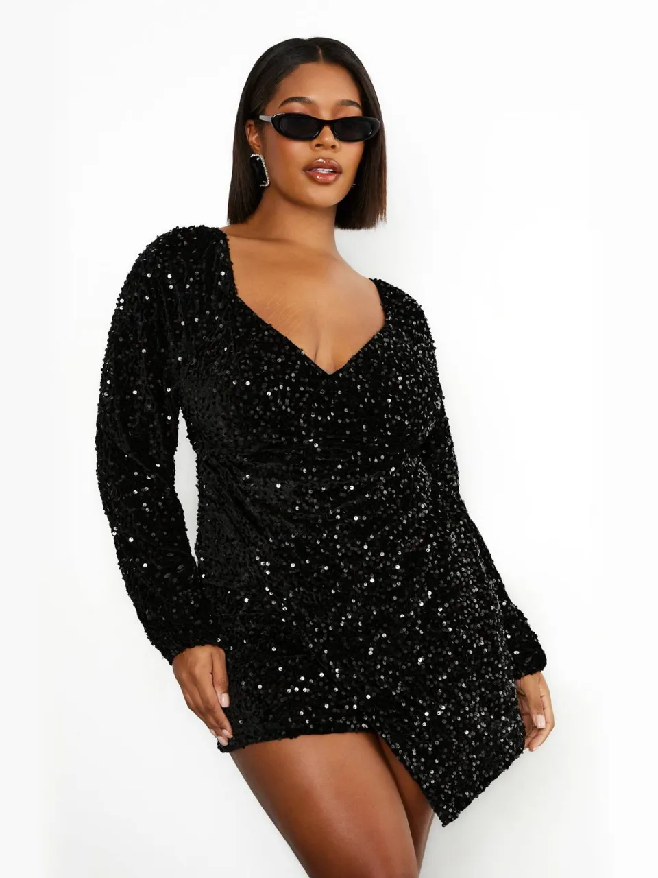 boohoo Dames Plus Fluwelen Swingjurk met Pailletten zwart, foto 4