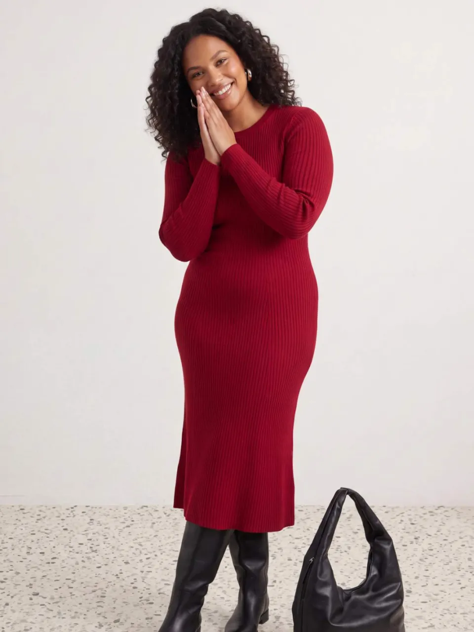 Trendyol Curve Dames Rood Effen Midi Lang Casual A-lijn Grote maten Jurk
