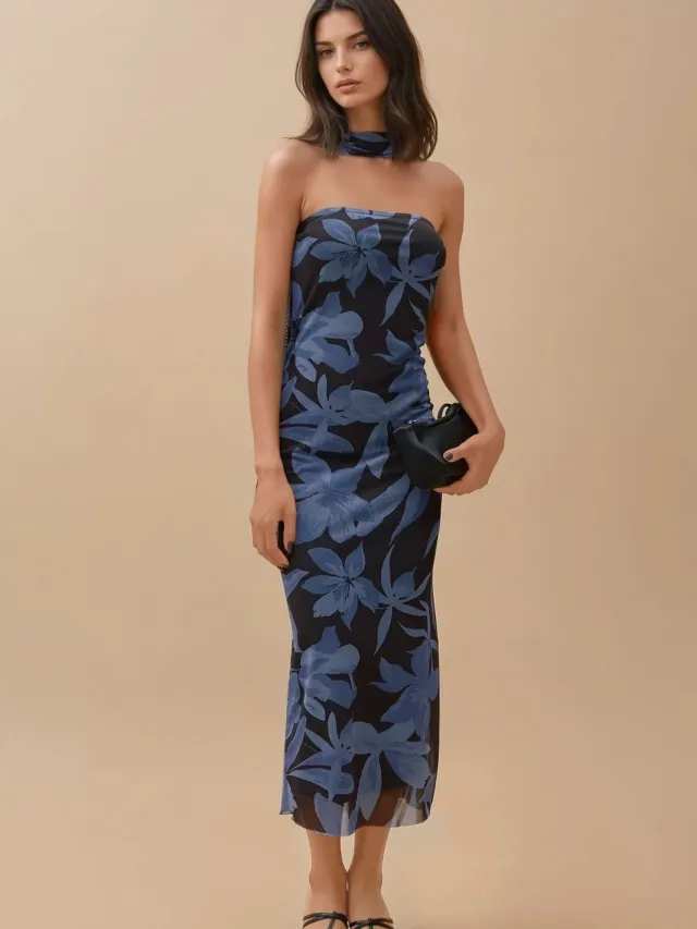 Hiccup Strapless Bloemen Midi-jurk Blauw