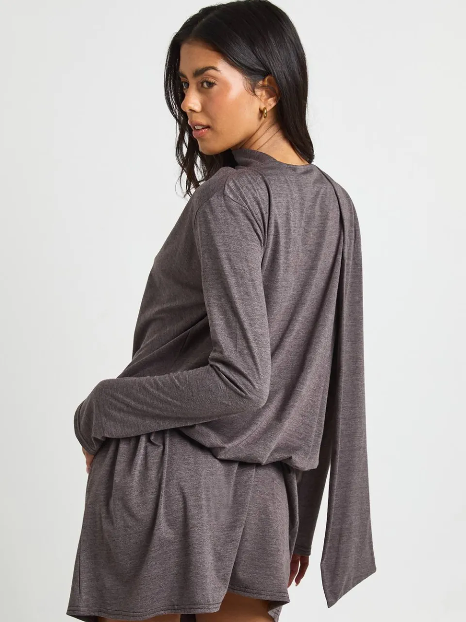 boohoo Dames Marl Sjaal Detail Wikkel Skater Jurk koffie, foto 3