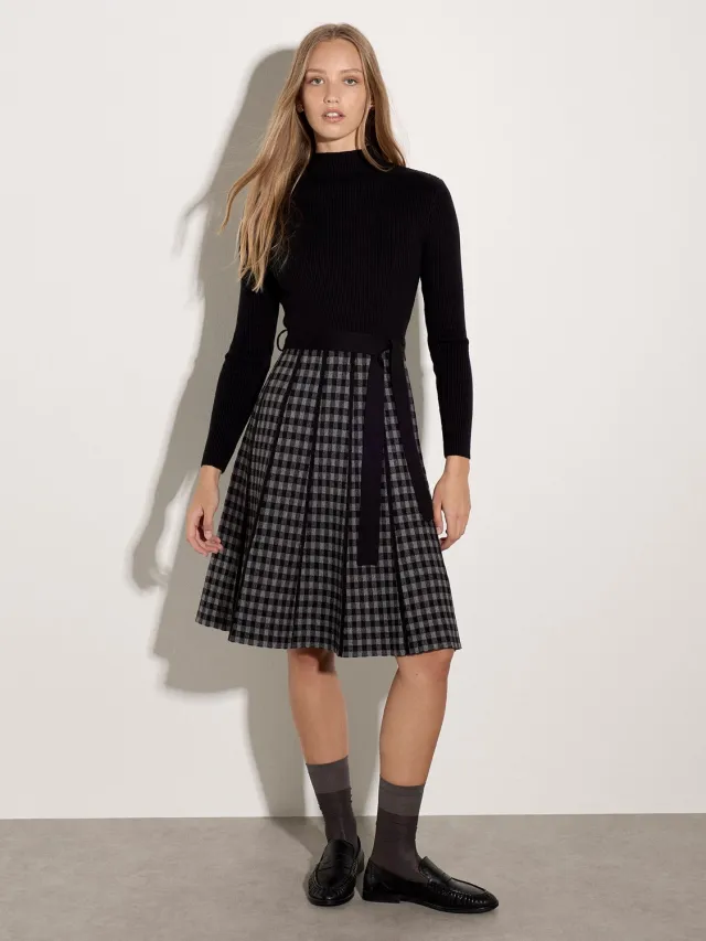 Apricot Midi-jurk met geribde gebreide rok met ruitjesmotief Zwart