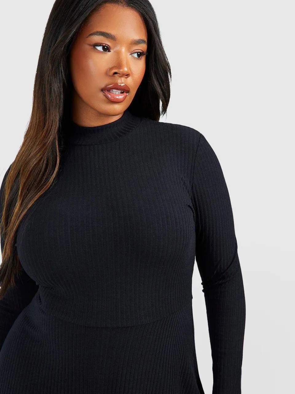 boohoo Dames Plus Soft Rib Hoge Hals Skaterjurk zwart, foto 3