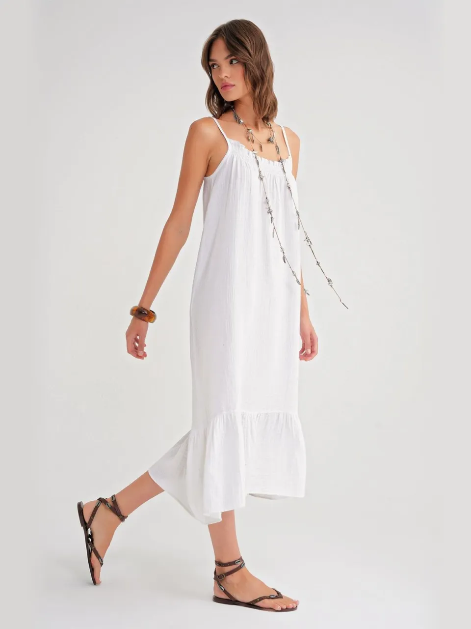 Mixray Midi Musseline Jurk met Ruffles wit, foto 2