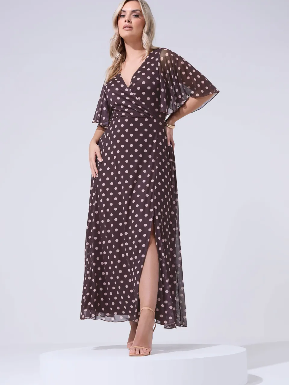 Yours London Chocoladebruinroze Wikkeljurk Met Stippen Size Petite > 44, foto 2