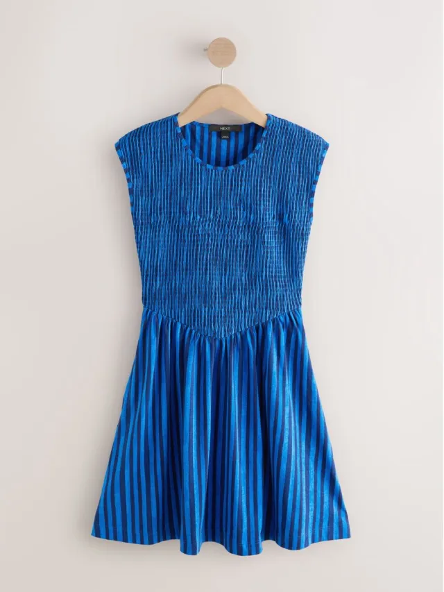 Next Dames - Petite jersey midi-jurk met kapmouwtjes en aangerimpeld lijfje - Petite - Blauw Blue Stripe