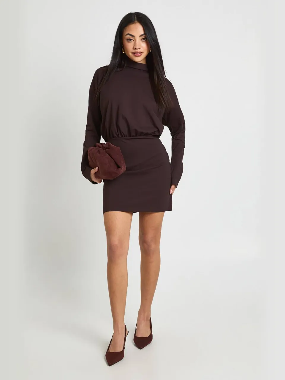 boohoo Dames Lange Mouw Aangegroeid Hals Blouson Mini Jurk chocoladebruin, foto 2