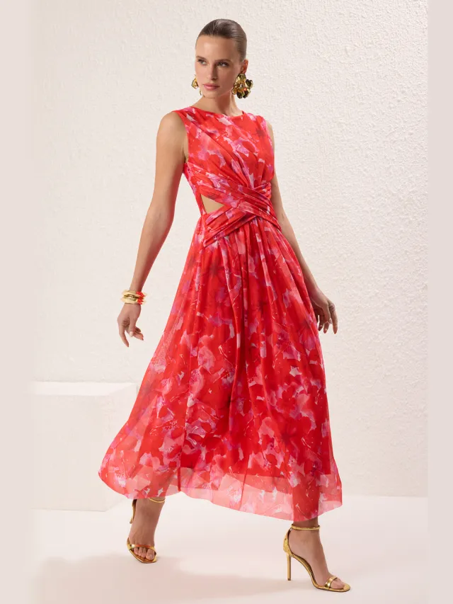 Trendyol TRENDYOLMİLLA Dames Roze Bloemen Maxi Mouwloos Stijlvol/Avond Skater Jurken
