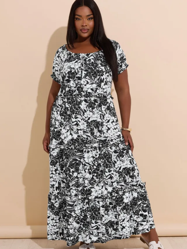 Yours Maxi Jurk Met Bloemenmotief, Ruches En Korte Mouwen In Zwart/Wit Black