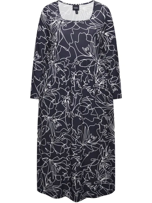 Ulla Popken Dames - Jersey jurk A-lijn carréhals lange mouwen zakken - Zwart - Maat 62+