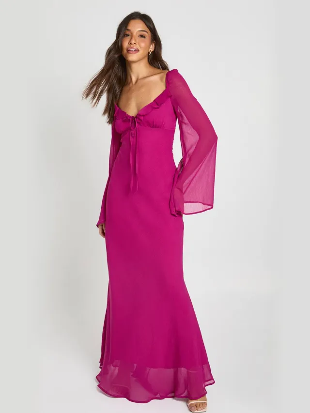 boohoo Dames Chiffon Maxi Jurk Met Wijd Uitlopende Mouwen Framboos