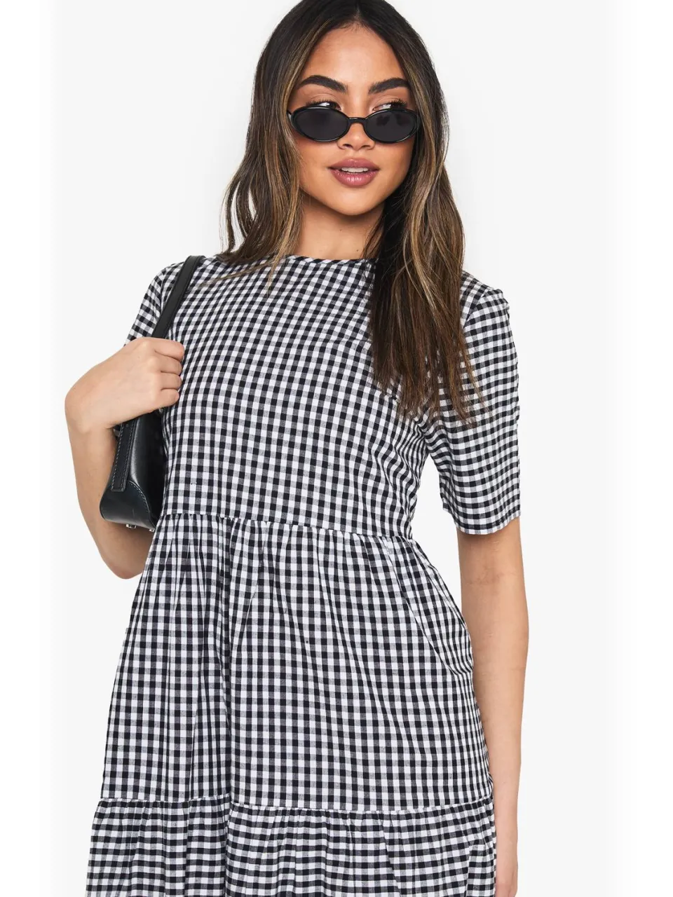 boohoo Dames Katoenen Gingham Midaxi Smockjurk zwart, foto 3