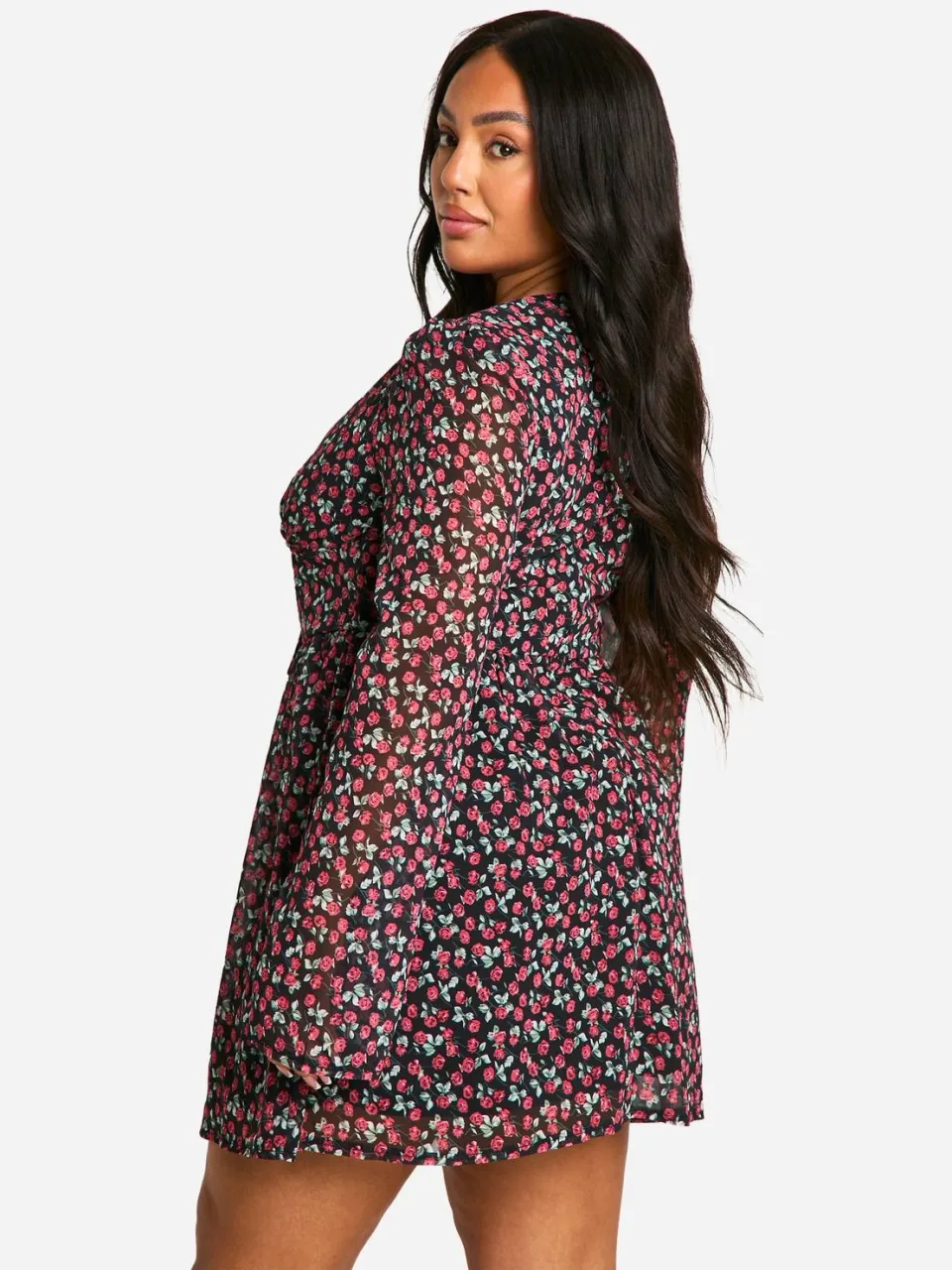 boohoo Dames Plus Geweven Bloemen Milkmaid Skaterjurk zwart, foto 2