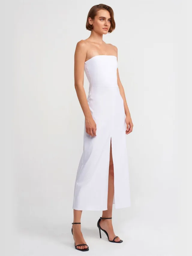 Dilvin Strapless Aansluitende Midi-jurk met Splits Wit
