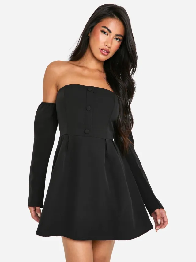boohoo Dames A-lijn Bardot mini-jurk met lange mouwen Zwart