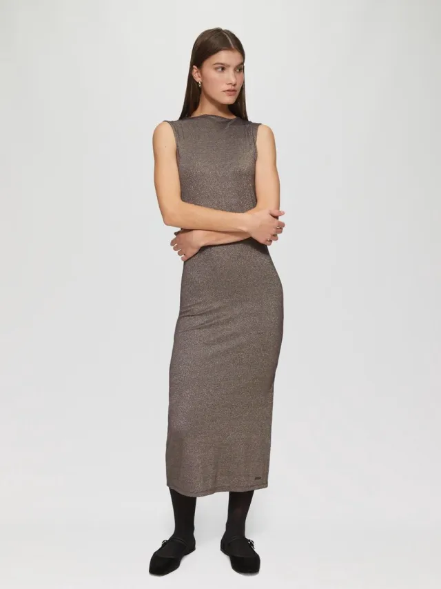 QS female - Slank vallende geribde jurk met glittereffect aubergine