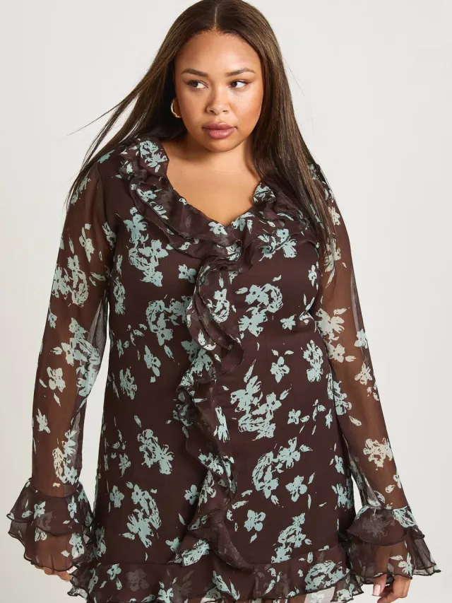 boohoo Dames Plus Bloemen Ruches Smock Jurk bruin, foto 3