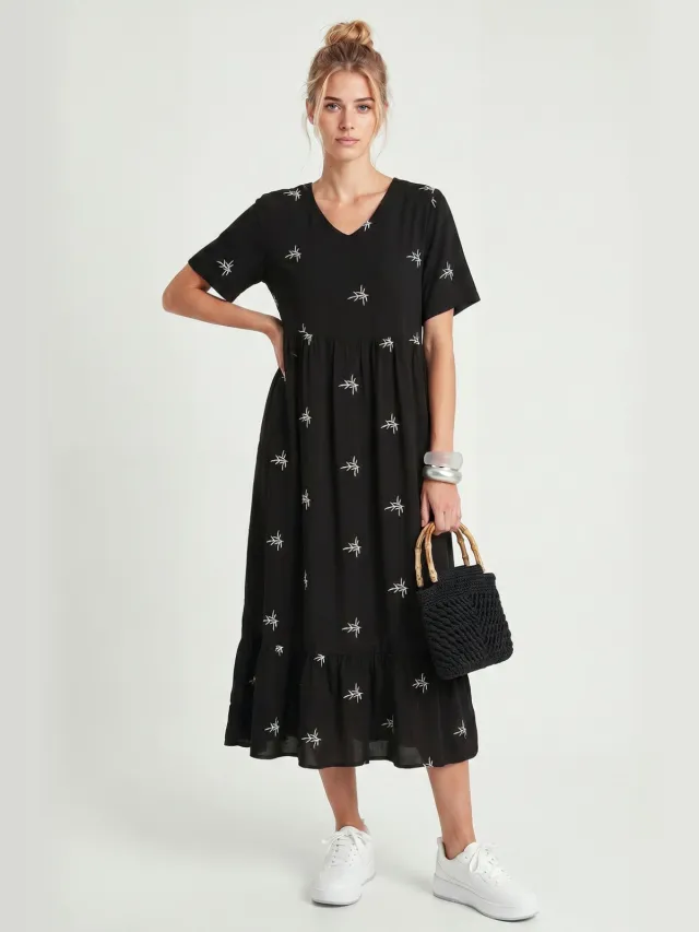 Happiness Istanbul Geborduurd V-hals Midi-jurk Zwart