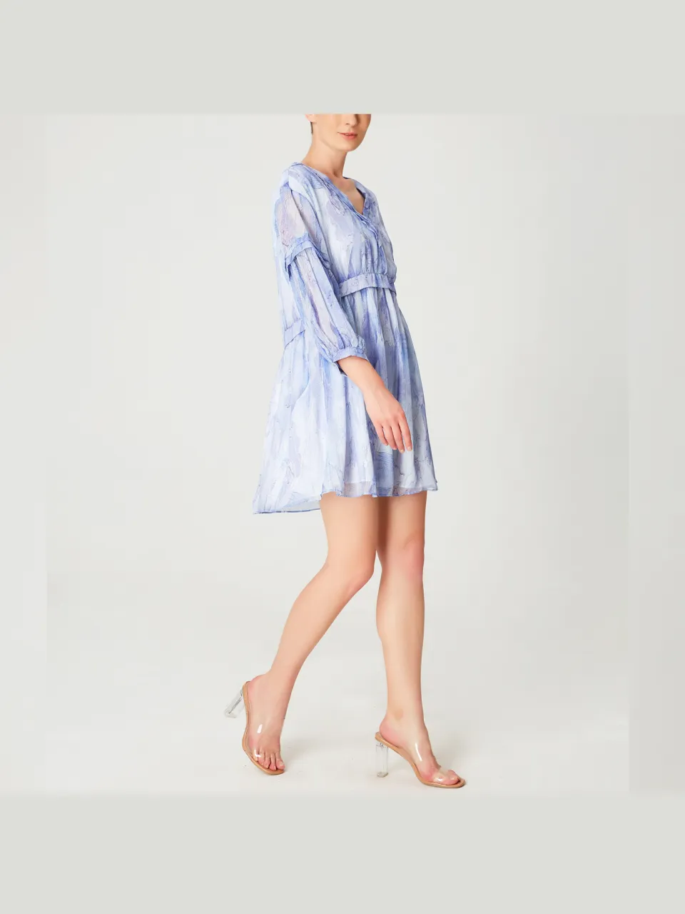 Smart & Joy Korte trapeze chiffon jurk met abstracte print hemelsblauw, foto 2