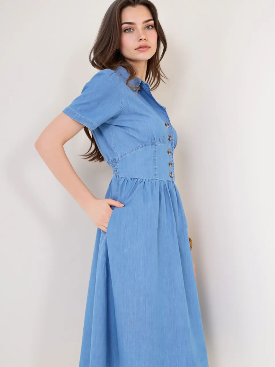 Big Dart Denim Midi-jurk met Shirtkraag en Knopenluiting Hemelsblauw