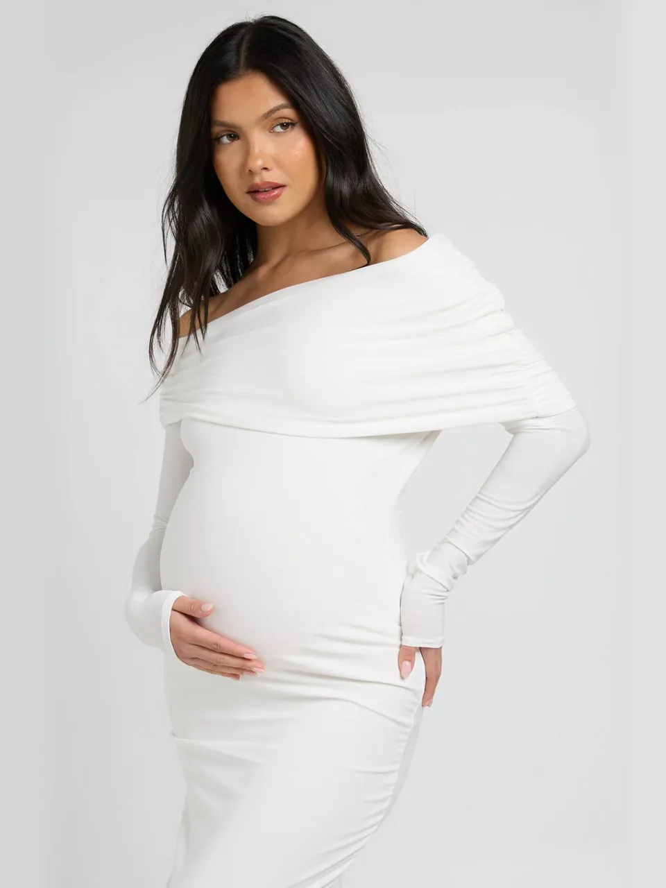 boohoo Dames Zwangerschaps Double Slinky Bardot Lange Mouw Maxi Jurk crème, foto 4