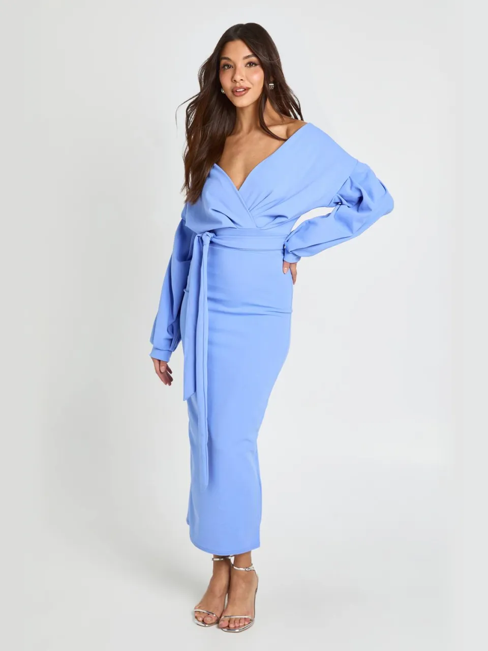 boohoo Dames Off-shoulder Wikkel Midaxi Jurk Met Voorpand pastelblauw, foto 4