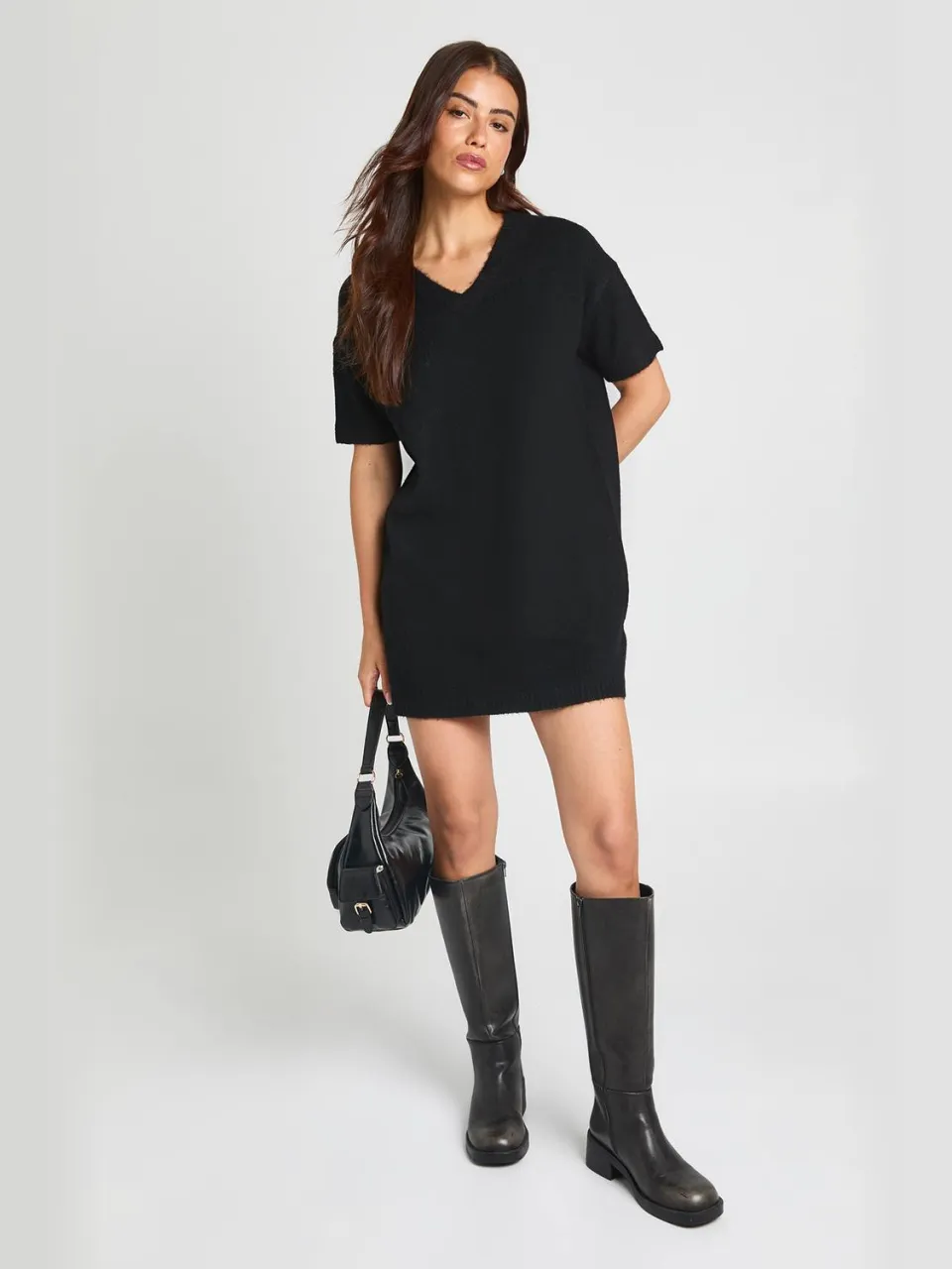 boohoo Dames Gebreide Mini-jurk Met V-hals En Korte Mouwen zwart, foto 2