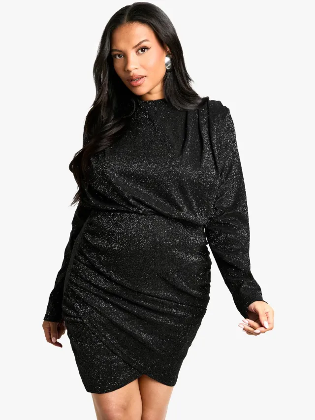 boohoo Dames Plus Schoudervulling Gerafelde Glitterjurk zwart, foto 2