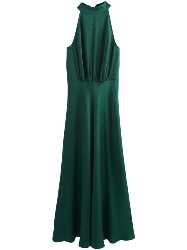 Next Dames - Satijnen halter mouwloze midi-jurk met textuur - Groen Emerald Green