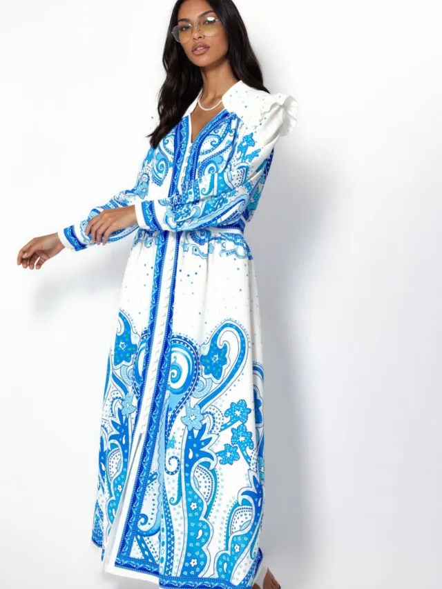 MSN Collection V-hals Paisley Maxi Jurk met Split Blauw