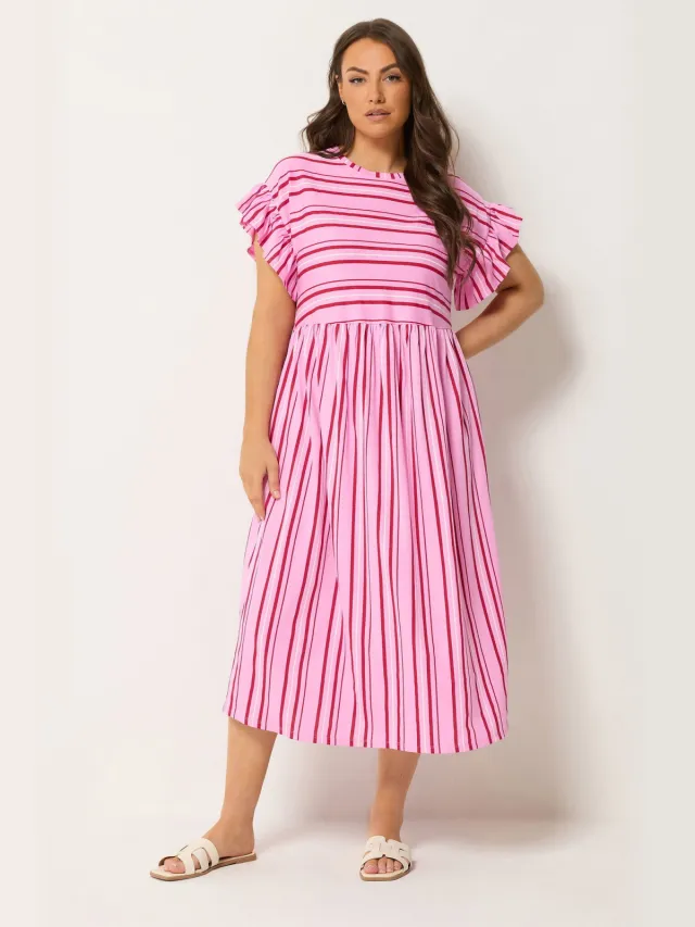Yours Roze Gestreepte Jurk Met Mouwen Met Ruches Pink