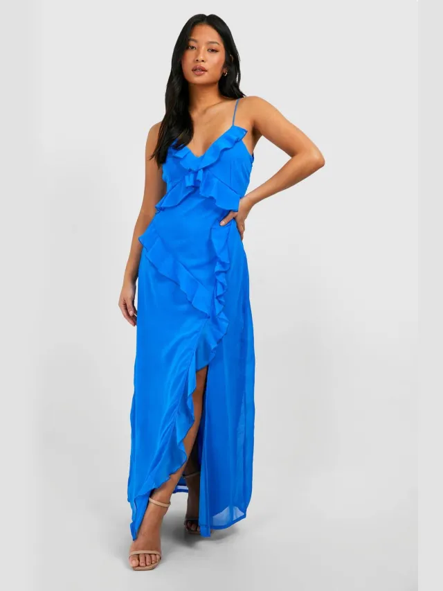 boohoo Dames Petite Chiffon Ruffle Maxi-jurk Electric Blue