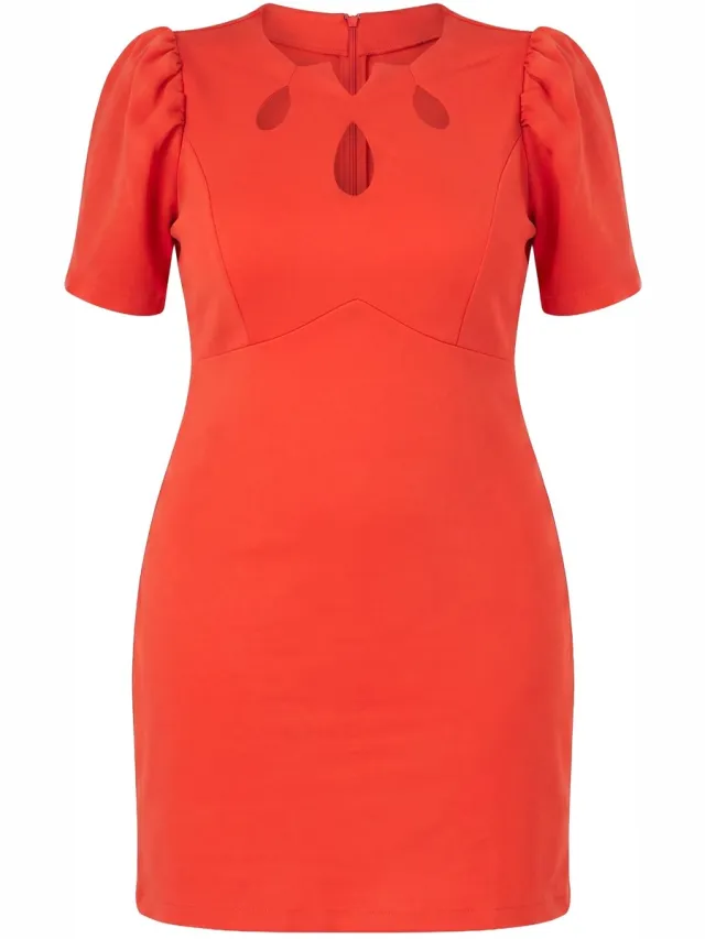 Ulla Popken Dames - Bodyconjurk scuba cut-outs korte pofmouwen - Lichtrood
