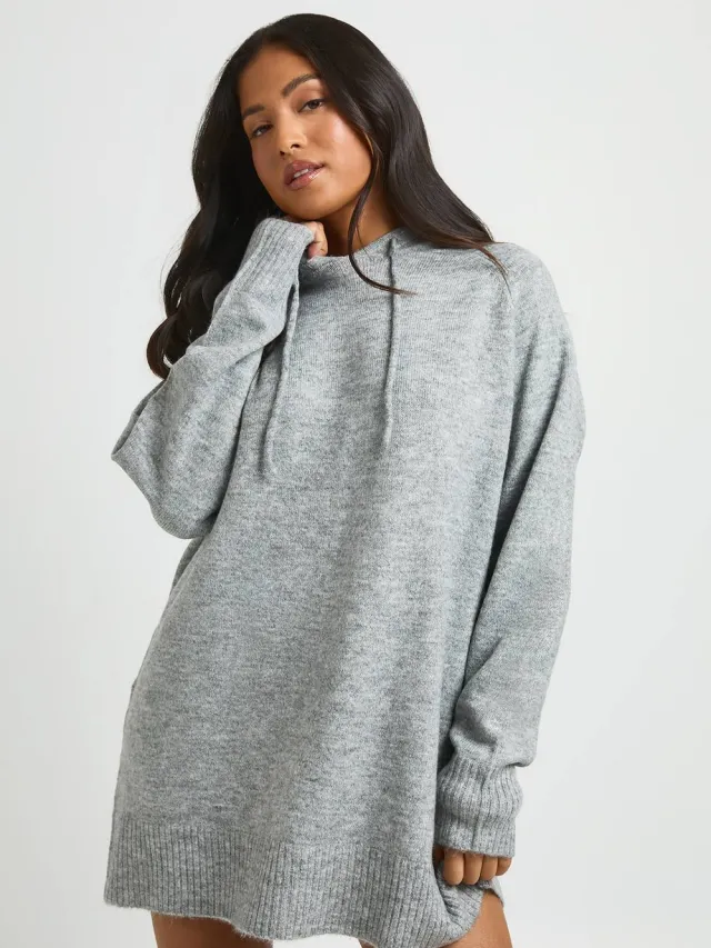 boohoo Dames Petite Oversized Gebreide Hoodie Mini Jurk Grijs
