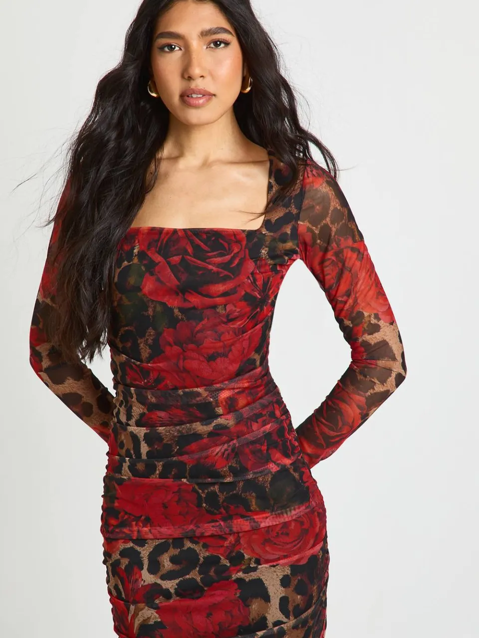 boohoo Dames Tall Luipaard Bloemen Mesh Vierkante Hals Gerimpelde Midi Jurk luipaardprint, foto 3