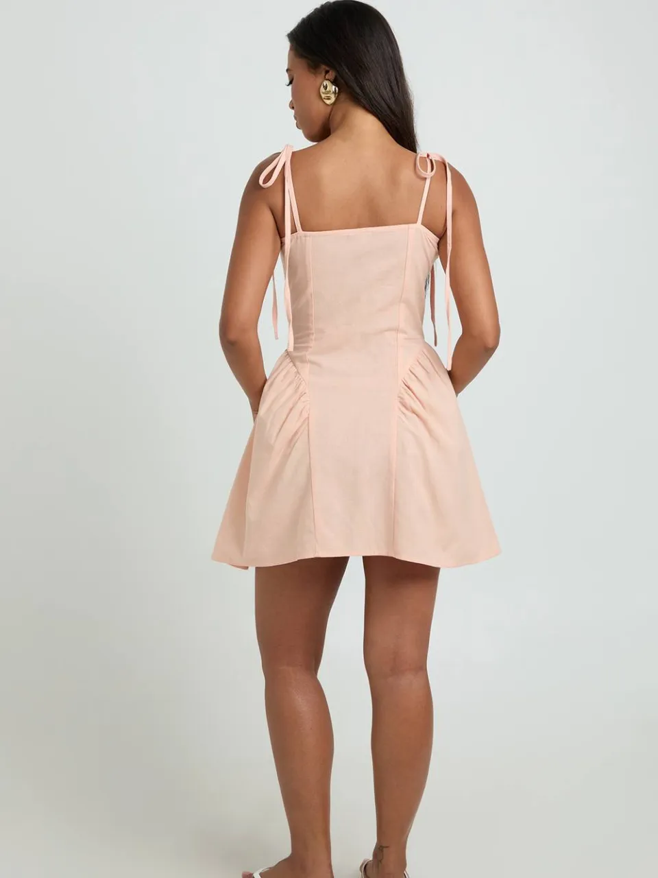boohoo Dames Linnen Skater Jurk Met Strikbandjes abrikoos, foto 2