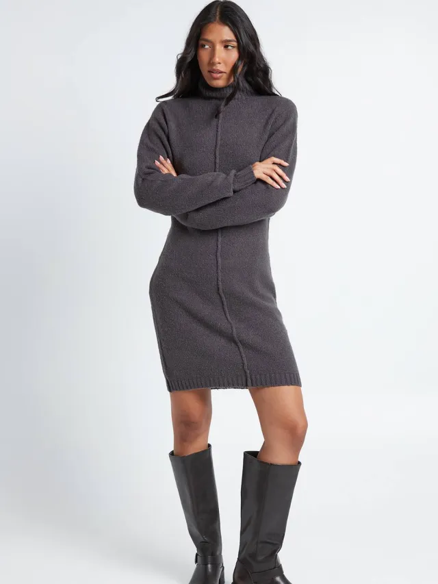boohoo Dames Lange Trui-jurk Met Hoge Kraag En Naaddetail Houtskool