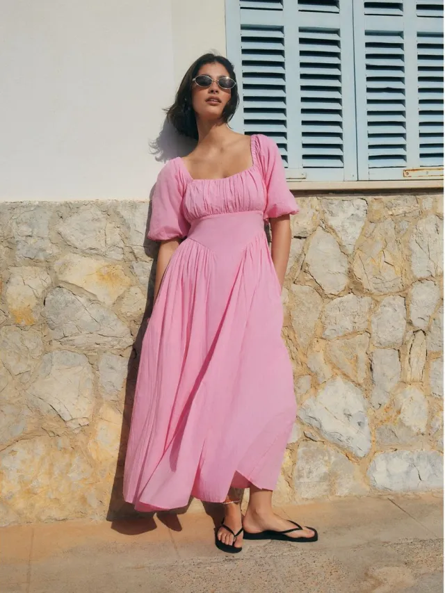 Next Dames - Halflange jurk met pofmouwen - Roze Pink