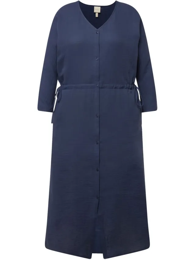 Ulla Popken Dames - Bubble midi-jurk V-hals 3/4-mouwen biologisch katoen - Inktblauw - Maat 46+