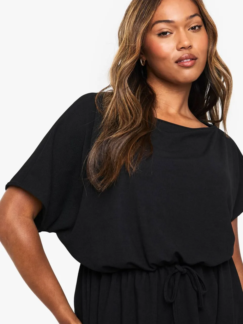boohoo Dames Plus Rib Off Shoulder Tie Waist Minijurk zwart, foto 3