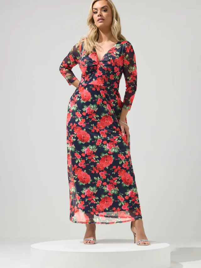Yours London Marineblauwe Jurk Met Bloemenprint En Knoop Blue