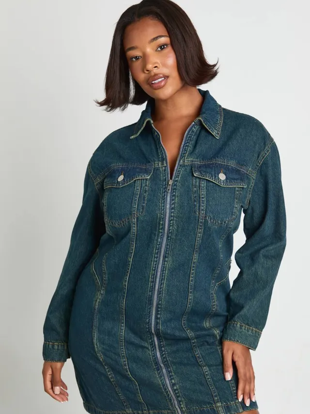 boohoo Dames Plus Denim Zip Up Shift Dress Vintage Was