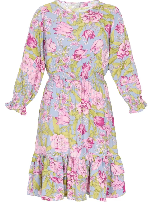 Usha jurk blauw veelkleurig