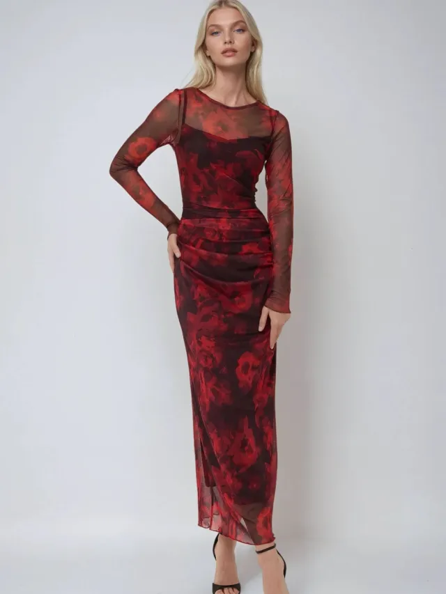 Hiccup Bloemenprint Bodycon Maxi Mesh Jurk Rood