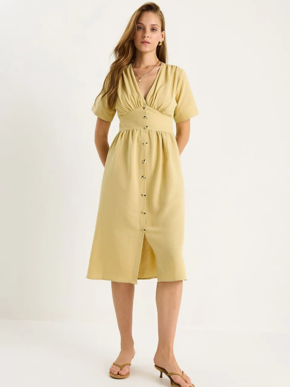 Bianco Lucci V-hals Knop Midi Shirt Jurk geel, foto 2