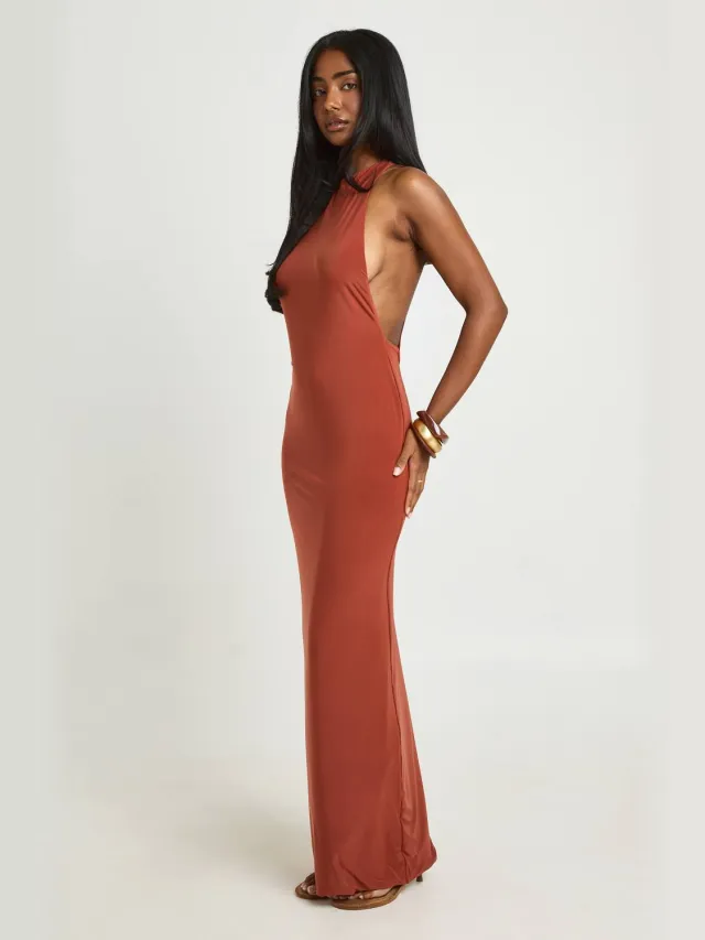 boohoo Dames Maxi-jurk Met Halternek, Open Rug En Strakke Pasvorm Spice