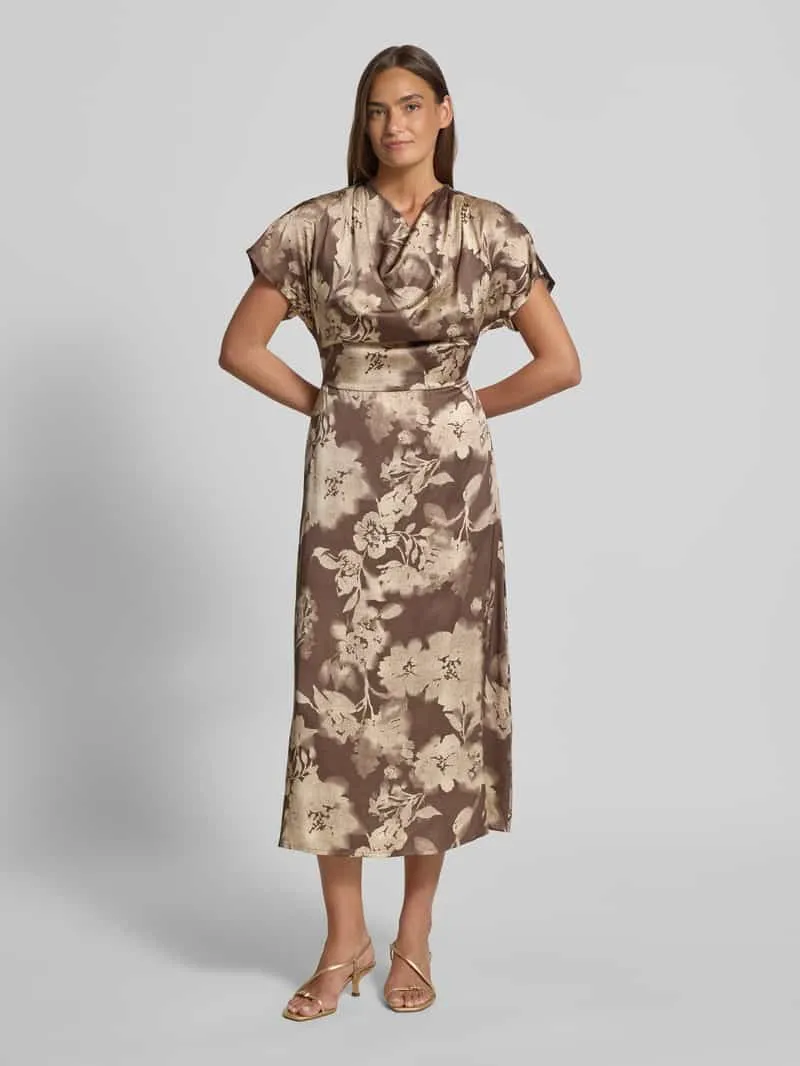Jake*s Collection midi-jurk van viscose met cascadehals Donkerbruin
